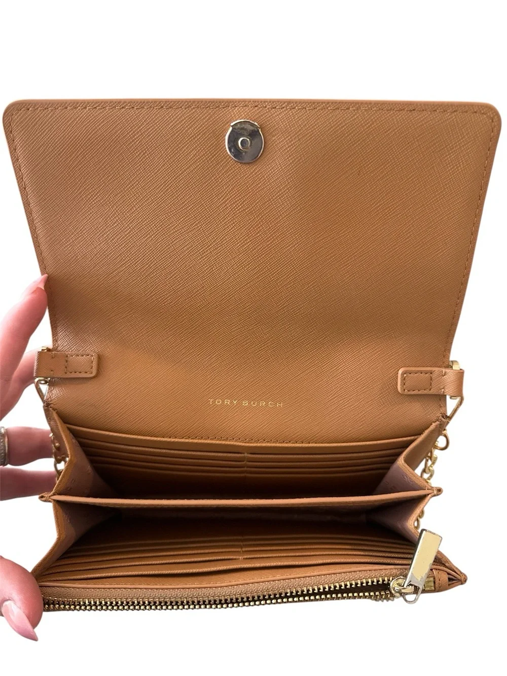 Tory Burch Tan Leather Crossbody Wallet with Gold Chain - Picture 5 of 12